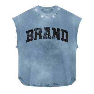 Women Sleeveless T Shirt Premium Cotton Jersey 180 GSM Acid Wash Blue <b>Studded</b> Neck Distressed Print Custom Logo Streetwear - Product Image 1