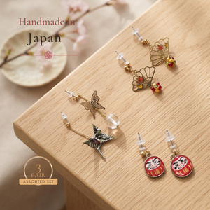 Handmade in Japan Butterfly Fan Daruma <b>Earrings</b> 3-Pair Assorted Set with Titanium <b>Posts</b> - Product Image 1