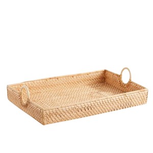 Vintage Natural Rattan Serving Tray with Wooden Handles <b>Rectangular</b> Wicker <b>Basket</b> for Coffee Table Decor And Desktop <b>Storage</b> - Product Image 2