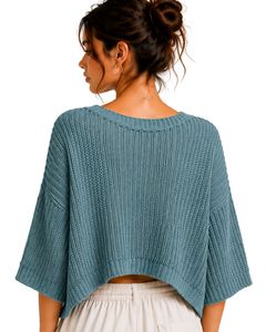 Teal <b>Womens</b> Oversized Knitted Crop Top Loose Fit Short Sleeve Summer Breathable Lightweight Casual Fashion Pullover Sweater - Product Image 5