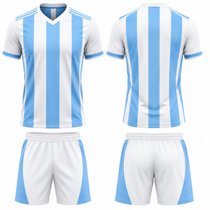 Conjunto de Camiseta y Pantalones Cortos de Fútbol para Hombre, Rayas Blancas y Azul Claro, Cuello en V, Manga Corta, Transpirable, Estampado Sublimado, para Todas las Temporadas - Product Image 2