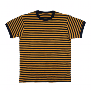 T-shirt à manches courtes en tricot rayé pour homme, col rond, coupe classique, vêtement décontracté, motif bleu marine et jaune - Product Image 1