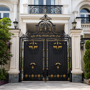 Portail de sécurité double en fer forgé noir et or, style baroque, pour entrée principale de villa, design orné, mobilier - Product Image 1