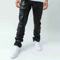 Pantalones Cargo Ajustados de Talla Grande para Hombre, con Revestimiento de PU, Bolsillos 3D, Estilo Hip Hop, Cintura Media, Largos, Aspecto de Cuero Negro