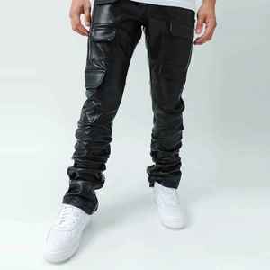Plus Size Men Skinny Fit PU Coated Cargo <b>Pants</b> With 3D Pockets Hip Hop Style Mid Waist Full Length <b>Black</b> Leather Look - Product Image 2