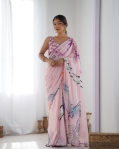 Pink Digital Printed Heavy Chinnon Saree With Floral Design For Women <b>Wedding</b> Wear Print Work with Beautiful Kutchi Work Mirror - Product Image 3