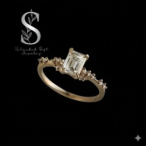 Vintage Emerald Cut Moissanite Engagement Ring Unique Round Cluster Moissanite Ring Yellow Gold Double Prong Anniversary ring. - Product Image 1