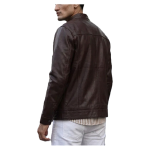 Men's Classic <b>Brown</b> Caf Racer <b>Leather</b> <b>Jacket</b> with Mandarin Collar - Product Image 4