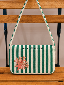 Custom Handmade Embroidery Coral Reef Beaded Eco-Friendly Shoulder Bag <b>Green</b> White Striped Ocean Theme Crossbody <b>Purse</b> Wholesale - Product Image 2
