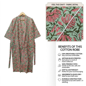 Bata Kimono de Algodón Verde Menta con Estampado Floral, Manga Larga, Ligera, Estilo Spa y Resort - Product Image 5