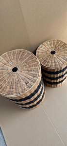 Cesta de Almacenamiento Tejida de Ratán Natural con Tapa, Forma Circular, Rayas Negras y Beige, 40x55cm y 31x46cm, para Almacenamiento de Ropa - Product Image 3