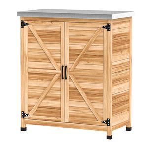 Tavolo da Preparazione per Giardino/Patio in Legno Naturale con Piano in Metallo, Doppie Ante e Ripiano - Product Image 1