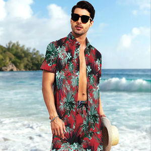 Conjunto de Dos Piezas para Hombre, Camisa y Pantalones Cortos con Estampado de Hojas Tropicales, Estilo Vintage Rojo, Transpirable, Casual, para Vacaciones de Verano en la Playa - Product Image 1