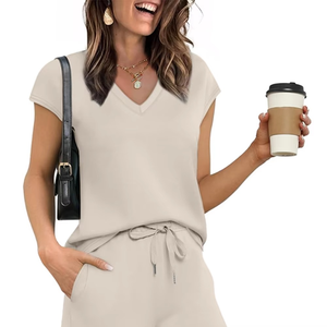 Women's Beige V-Neck Short Sleeve Loose Fit Tracksuit Full Length <b>Pants</b> Side Pockets Drawstring Waist Casual Summer Wear - Product Image 6