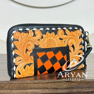 Elegante Cartera de Mano de Cuero Genuino Hecha a Mano para Mujer con Diseño Floral a Cuadros, Tarjetero y Monedero para Uso Diario - Product Image 1