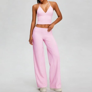 Ensemble décontracté 2 pièces personnalisé OEM pour femme : Crop top asymétrique à épaules dénudées et pantalon long taille haute avec effet ventre plat - Product Image 6
