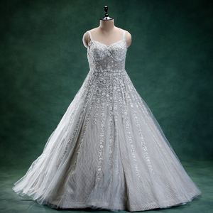 New Vision Pale Blue Sequined <b>Net</b> Women's Evening Gown | Hand-Embroidered Pentagon Neck Bridal Wedding Gown | Couture Floral - Product Image 6