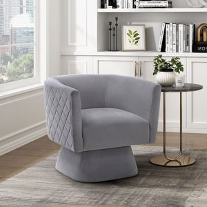 Sedia Girevole in Legno Massello con Tessuto in Velluto Grigio, Schienale con Motivo a Rombi, Sedia Comfort per Arredamento Soggiorno, 1 Pezzo - Product Image 1