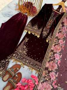 DESIGNER VELVET EMBROIDERY SEQUENCE WORK <b>TOP</b> PALAZZO WITH DUPATTA MAROON 74101 - Product Image 6