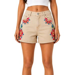 Womens Beige <b>Floral</b> Printed Denim Shorts High Waist Casual Summer <b>Jean</b> Shorts Custom Embroidered Fashion OEM Manufacturer - Product Image 1