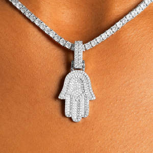 Luxury Round Moissanite Hamsa Hand Pendant Necklace 925 <b>Silver</b> Rhodium Plated Micro Pave <b>Box</b> <b>Chain</b> Unisex Everyday Wear - Product Image 3