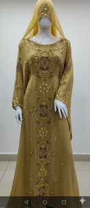 Kaftan en Georgette Brodé Or Exquis et Élégant - Abaya Marocaine Perlée à la Main avec Voile Hijab Longueur Ras du Sol Manches Longues pour Mariage Royal - Product Image 2