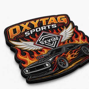 Patch brodé OXYTAG Sports avec motif flamme et voiture, appliqué thermocollant, forme irrégulière, tissu tissé, prix de gros, OEM - Product Image 2