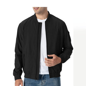 Men's Black Solid Bomber <b>Jacket</b> Zipper Closure <b>Mandarin</b> <b>Collar</b> Casual Windproof Wool Lining High Street Winter Wear Regular Fit - Product Image 1