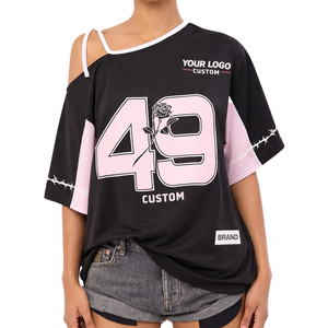 Wholesale Custom Women Jersey Top <b>Tie</b> Shoulder Relaxed Fit Cotton Streetwear Fashion Sports Tee OEM Manufacturer Jersey - Product Image 1