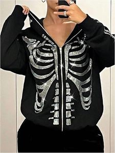 Sudadera con capucha gótica Y2K transpirable con estampado de esqueleto y letras decorativas para mujer, de manga larga, estilo streetwear - Product Image 4