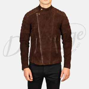 Premium Men Brown <b>Suede</b> Leather Biker <b>Jacket</b> Asymmetric Zip Quilted Shoulder Slim Fit Moto <b>Jacket</b> Casual Outerwear Coat - Product Image 3