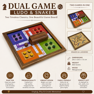 Jeu de société en bois double : Ludo et Serpents et Échelles |   Ensemble de jeu familial réversible en bois de manguier de qualité supérieure, collection de jeux de table compacte - Product Image 6