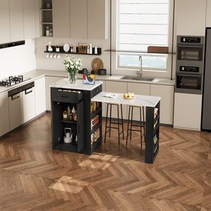 Mobiletto a doppia anta con ripiani aperti, isola estensibile con cassetti - Utilizzabile come tavolo da pranzo, isola cucina temporanea, carrello da cucina - Product Image 2