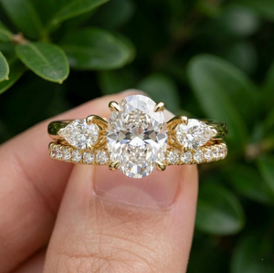 Modern Oval Lab Grown Diamond Two Ring Wedding Set With Pear Round Accent Design In <b>Solid</b> Gold Bridal Jewelry - Product Image 6