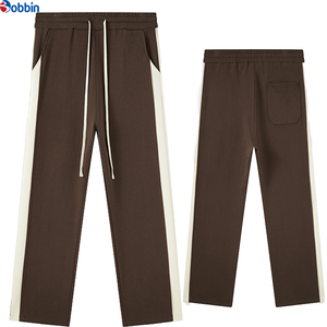 Pantalon de survêtement marron uni en tricot pour femme avec bande latérale crème, taille à cordon de serrage, coupe droite décontractée, longueur intégrale, idéal pour l'automne - Product Image 2