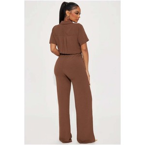 Combinaison décontractée pour femme, taille haute, coupe ample, couleur unie, manches courtes, col polo, longueur intégrale, respirante, pour le printemps et l'été - Product Image 6