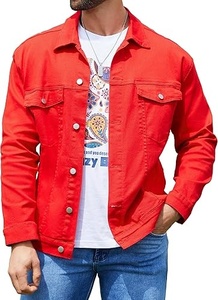 Men's Red Denim Jacket Solid Color Turn-down Collar Casual Style Single <b>Button</b> Front Regular Fit Spring Wear - Product Image 6