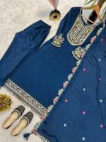 Ensemble Salwar Kameez en velours brodé bleu pour femmes, tenue indienne pakistanaise, Kurta Pantuwa Dupatta, séchage rapide, pour fêtes et mariages