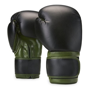 Gants de boxe en cuir noir avec garniture verte, sangle de poignet réglable en velcro pour adultes, pour l'entraînement - Product Image 2