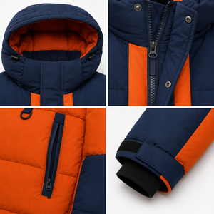 Chaqueta Acolchada Gruesa con Capucha para Hombre, Diseño Color Block, Cortavientos, Deportiva, Invierno, Corte Regular, Naranja y Azul Marino, Cierre de Cremallera, Bordado - Product Image 4