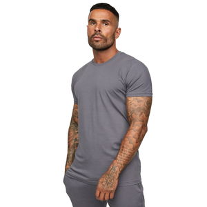 T-shirt à manches courtes pour homme, gris, coupe ajustée, col rond, couleur unie, jersey décontracté en coton - Product Image 3