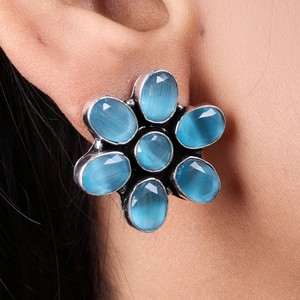 Oxidized Silver <b>Blue</b> Stone <b>Earrings</b> for Women | Brass Handmade Floral <b>Stud</b> <b>Earrings</b> | Indian Jewelry Bulk Wholesale Supplier - Product Image 2