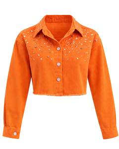 Chaqueta Vaquera Corta Naranja Personalizada para Mujer con Cierre de Botones Frontales con Pedrería, Manga Larga, Estilo Urbano, Top para Fiesta - Product Image 1