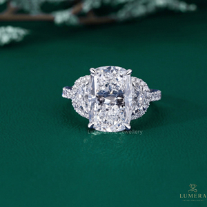 Luxury <b>Cushion</b> Cut Moissanite Engagement Ring with Half Moon Side Stones 925 Sterling Silver Three Stone Bridal Ring - Product Image 2