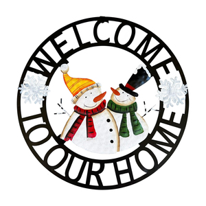 Welcome To Our Home Metal Hanging Sign Wreath Cute Winter Snowmen Couple With Snowflakes Perfect <b>Front</b> <b>Door</b> Christmas <b>Decoration</b> - Product Image 1
