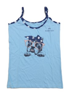 Débardeur bleu clair Romeo Gigli avec imprimé chien de dessin animé et bordure à pois, style décontracté, 100 % polyester, séchage rapide, facile à laver - Product Image 1