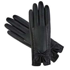 Gants d'hiver/printemps/automne en cuir noir écologique pour femme avec écran tactile, détail nœud, longueur poignet, doublure en laine, style élégant - Product Image 3