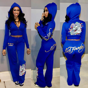 Ensemble de survêtement en coton biologique Y2K avec logo imprimé DTF personnalisé, sweat à capuche zippé en velours et pantalon large pour femme, style streetwear - Product Image 3