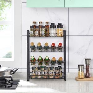 Organizzatore da Cucina a Quattro Ripiani Nero, Portaspezie con Barattoli per Spezie e Bottiglie per Salse, Scaffale Portaspezie - Product Image 1