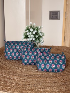 Block Printed Floral Zipper Women Makeup Bag Soft Handle Eco-Friendly Lightweight Vintage Style Multifunction Customizable - Product Image 5